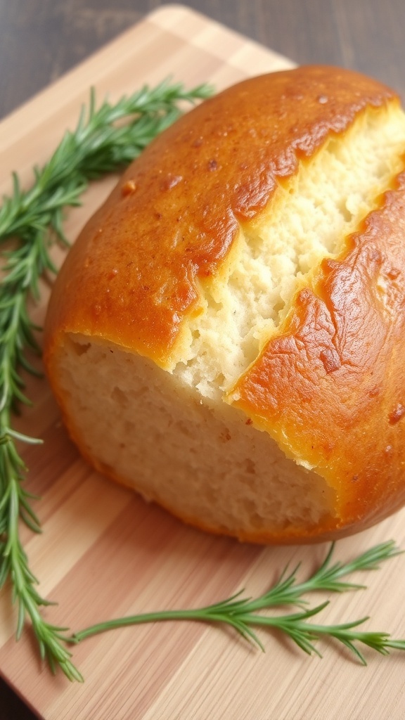 A golden brown loaf of homemade bread on a cutting board, with slices showing its fluffy texture, surrounded by fresh herbs.